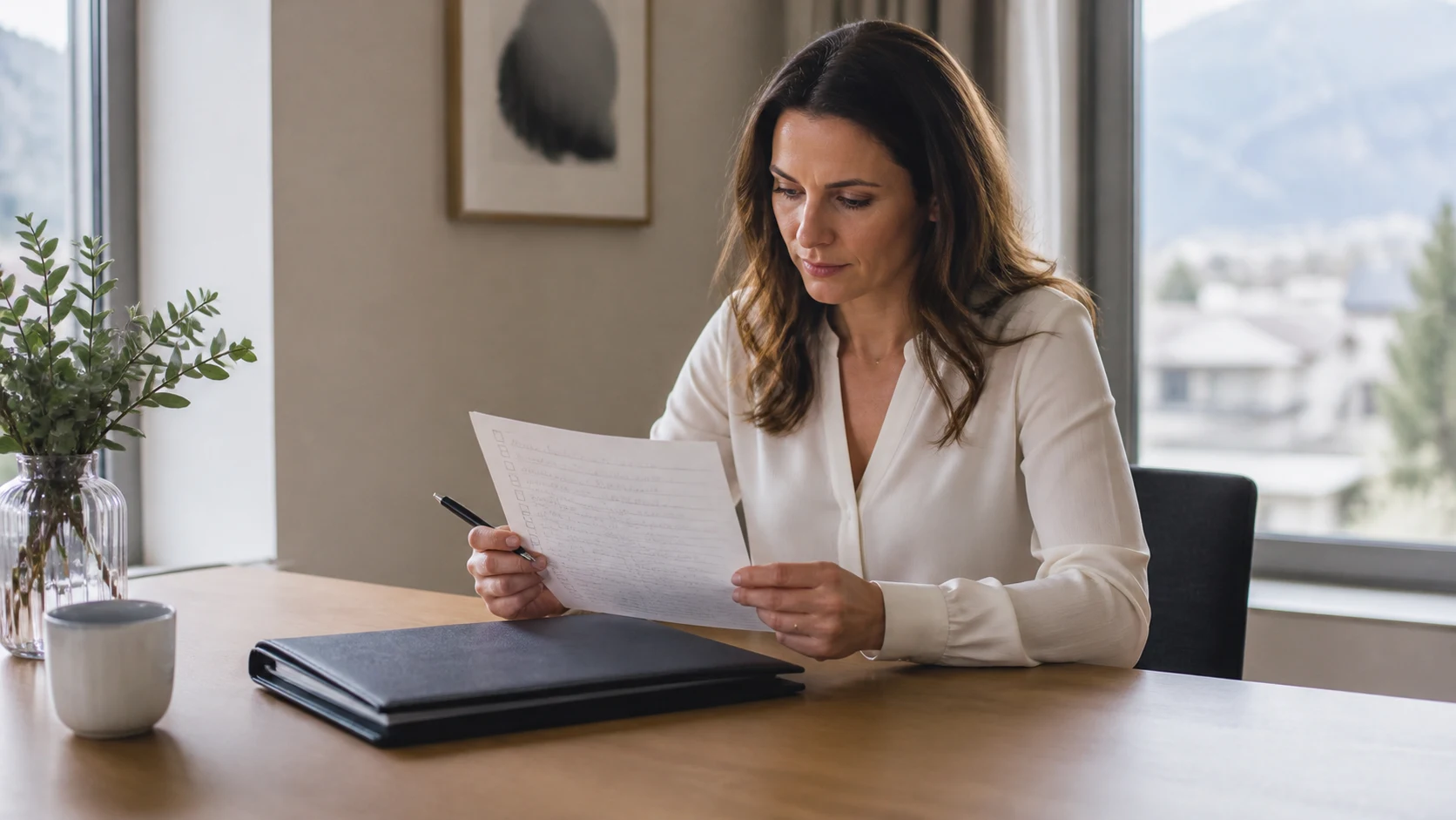 Une personne prépare une liste de questions, sans afficher de données financières ou personnelles