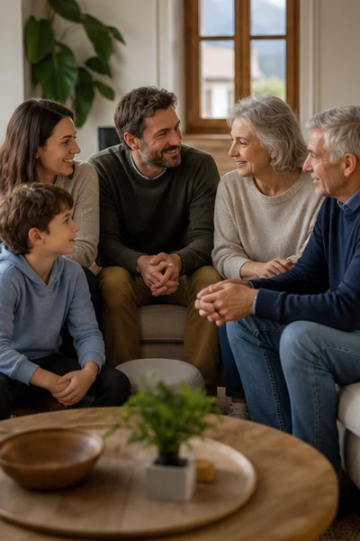 Discussion familiale intergénérationnelle autour de priorités de vie, sans documents financiers exposés