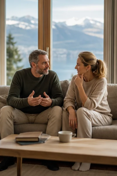 Couple évoquant ses projets de vie devant un paysage suisse, sans document ni produit financier visible