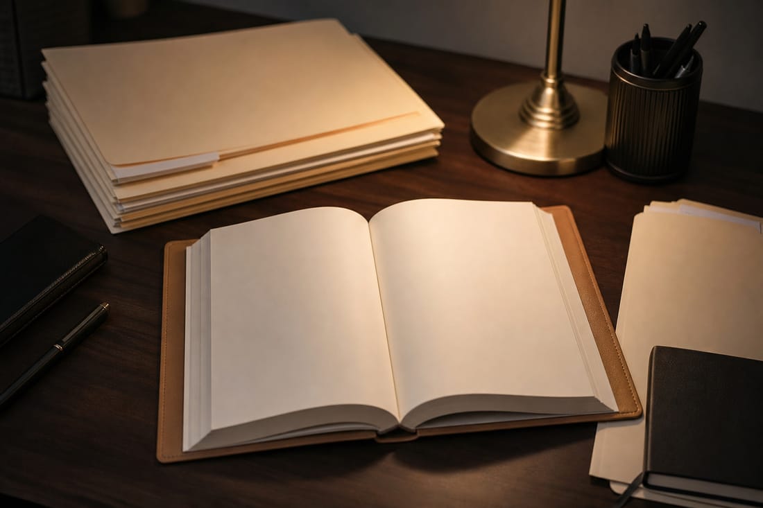 Exemple : carnet et documents rangés sur un bureau clair