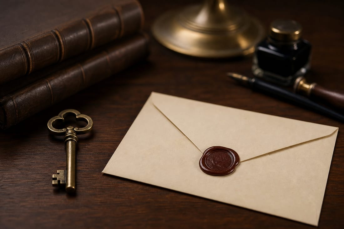 Exemple : clé ancienne et enveloppe scellée sur un bureau